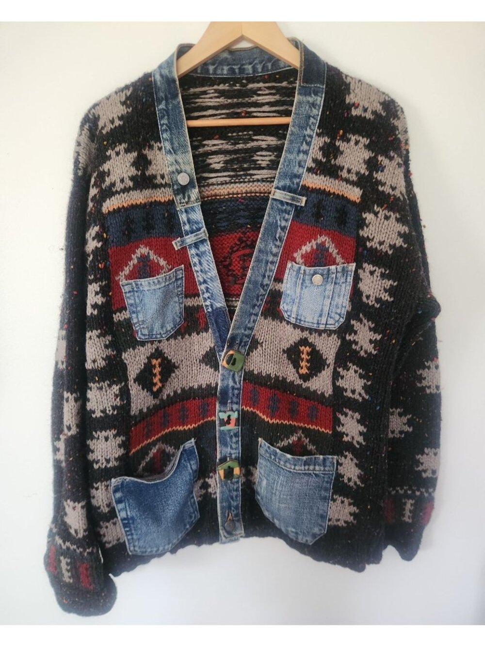 Custom Unisex Sz. L Southwest Aztec Knit Denim Patchwork Cardigan Sweater